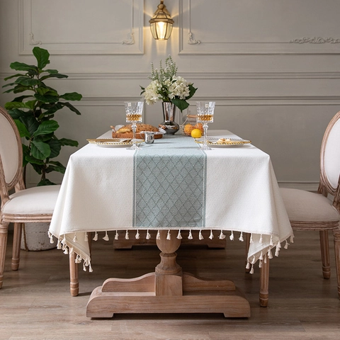 Mantel Pastoral Imitación Lino Poliéster Con Flecos Verde Rejilla Geométrica Rectángulo Cubierta Mesa Comedor Hogar