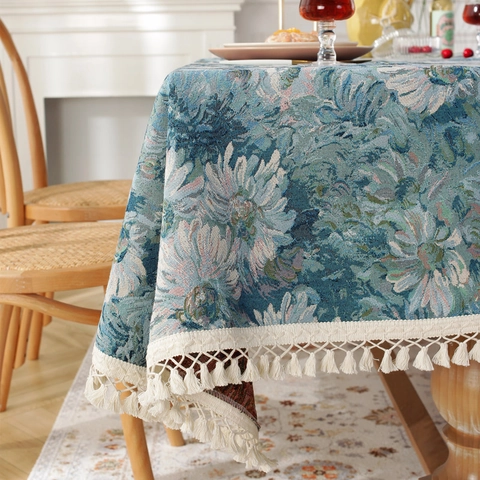 Nappe Vintage Marguerite Bleue en Polyester Coton Rectangulaire Jacquard Floral Avec Franges pour Salle à Manger
