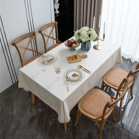 Mantel Rectangular Minimalista Con Borde de Encaje Ancho Color Sólido Poliéster Cubierta de Mesa Para Boda Hogar