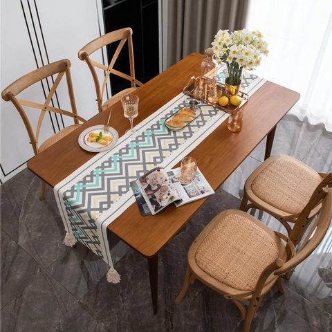 Chemin de Table Ethnique en Coton Bohème Avec Glands Imprimé Géométrique Style Nordique pour Salle à Manger Cuisine Maison