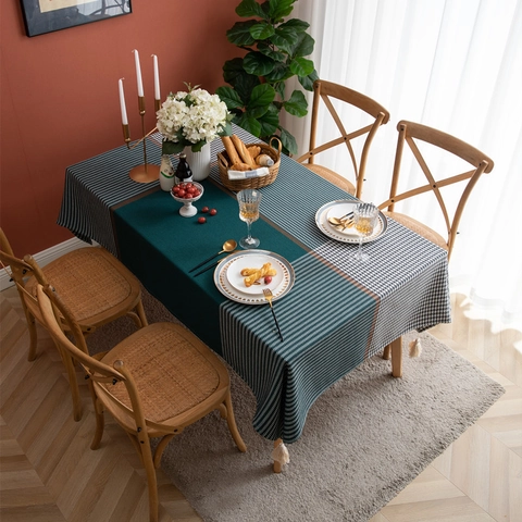 Moderne Rechteckige Tischdecke Mit Hahnentritt-Patchwork Und Quasten Garngefärbte Jacquard-Tischdecke Für Wohnküche Dekoration