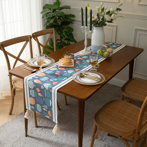 Modern Minimalist Cotton Fish Print Table Runner With Tassels Navy Blue Cartoon Animal Tablecloth For Kitchen Home Decor