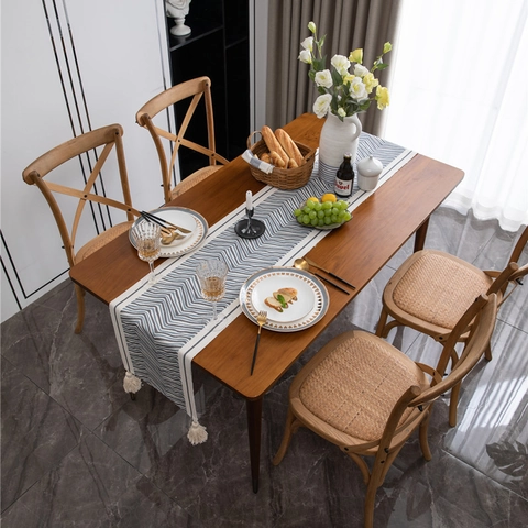 Camino de Mesa Bohemio de Mezcla de Algodón con Patrón Geométrico de Ondas y Borlas Decoración Étnica Chevron para Hogar Cocina