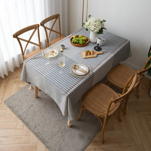 Moderne Polyester Jacquard Gestreifte Karostruktur Rechteckige Tischdecke Mit Quasten Geometrische Dekorative Tischabdeckung