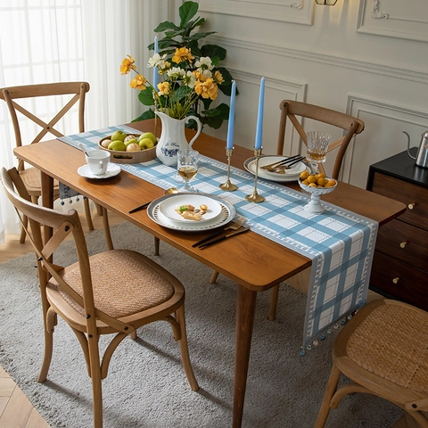Modern Minimalist Blue White Plaid Table Runner With Tassel Beads Polyester Fabric For Dining Room Coffee Table Home Decor