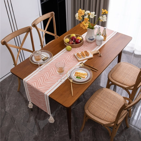 Camino de Mesa Bohemio de Mezcla de Algodón con Patrón Geométrico de Ondas y Borlas Decoración Étnica Chevron para Hogar Cocina