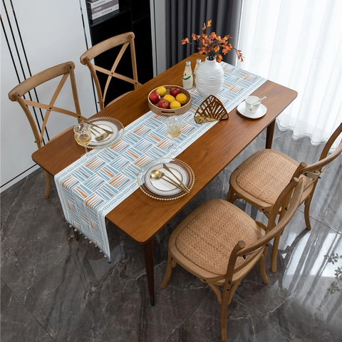 Camino de Mesa de Chenilla Minimalista Moderno con Patrón de Triángulo Geométrico y Borlas de Cuentas para Decoración del Comedor