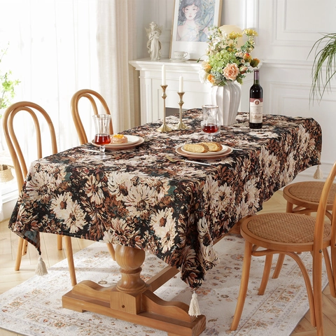 Mantel Jacquard de Poliéster Algodón Retro Rectangular Patrón Margarita Estilo Pintura al Óleo Con Borlas Para Mesa de Comedor
