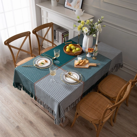 Nappe Moderne Épaisse en Poliester Pied-de-Poule Avec Franges Épissage Géométrique Rectangulaire Couverture De Table À Manger Pour Maison Cuisine