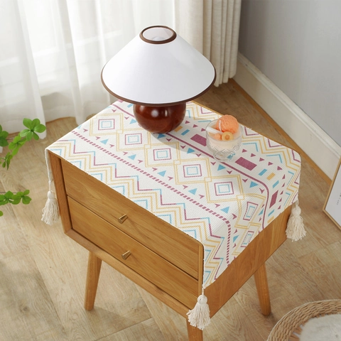 Cotton Digital Print Geometric Tassel Dust Cover Multi-Functional Table Runner Sideboard Bedside Cabinet Protection Cloth Home Decoration