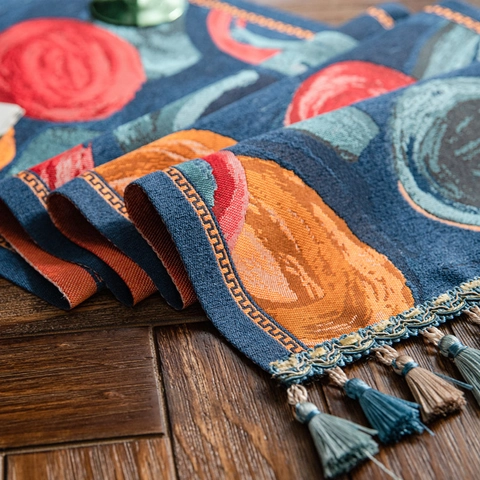Vintage American Jacquard Table Runner With Tassels Multicolored Abstract Circle Pattern Polyester Home Decorative Fabric