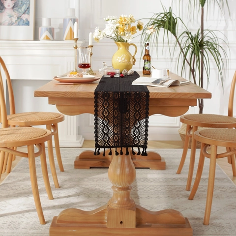 Cotton Crochet Lace Table Runner Hollow Out Geometric Floral Pattern With Tassels Pastoral Nordic Rectangular Tablecloth