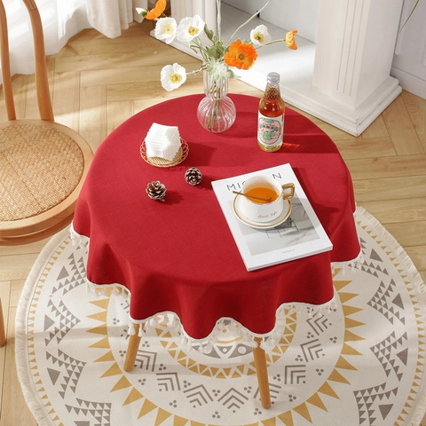 Tovaglia Rotonda Impermeabile Nordica Tinta Unita Imitazione Lino Con Nappine Bianche Per Tavolo Da Pranzo Tavolino Casa