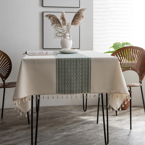 Mantel de Poliéster Efecto Lino con Patrón de Rombos Geométricos y Borlas para Comedor Decoración del Hogar Nórdico