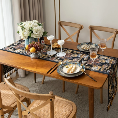 Camino de Mesa Americano Vintage Teñido en Hilo Jacquard Patrón Étnico Con Borlas Mantel Poliéster Hogar Comedor Decoración