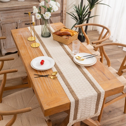 American Rustic Cotton Jute Table Runner Striped Diamond Pattern Boho Tassel Decorative Table Cloth For Dining Room Home