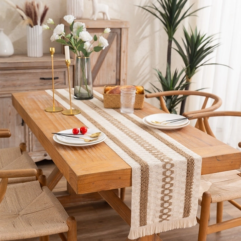 American Rustic Cotton Jute Table Runner Striped Diamond Pattern Boho Tassel Decorative Table Cloth For Dining Room Home
