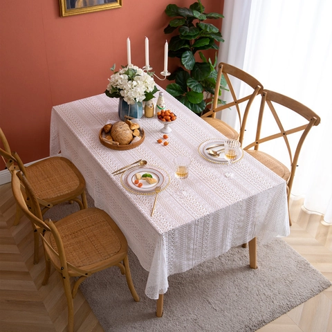 French Vintage Lace Tablecloth Hollow Out Floral Off White Cotton Blend Rectangular Table Cloth For Wedding Home Decor
