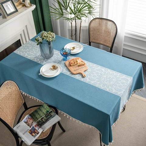 Mandala Jacquard Tablecloth With Tassels Polyester Blue Sunflower Rectangular Table Cover For Kitchen Dining Room Home Decor