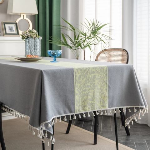 Tovaglia Moderna Nordica in Poliestere Effetto Lino Jacquard Con Nappine Grigio Giallo Motivo a Foglia Rettangolare per Tavolo