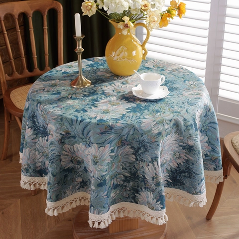 Vintage Jacquard Round Tablecloth Blue Daisy Floral With Tassel Poly Cotton Decorative Table Cloth For Home Kitchen