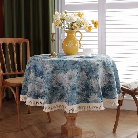 Vintage Jacquard Round Tablecloth Blue Daisy Floral With Tassel Poly Cotton Decorative Table Cloth For Home Kitchen