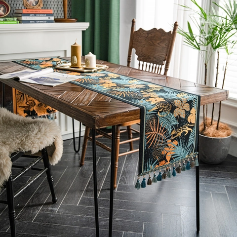 Camino de Mesa Retro Americano Selva Tropical Con Borlas Jacquard Poliéster Estampado Leopardo Plantas Decoración Comedor