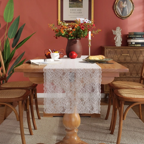 Runner da Tavola in Pizzo Floreale con Rose Romantiche Francesi in Nylon Spandex per Matrimonio Festa Casa Tavola