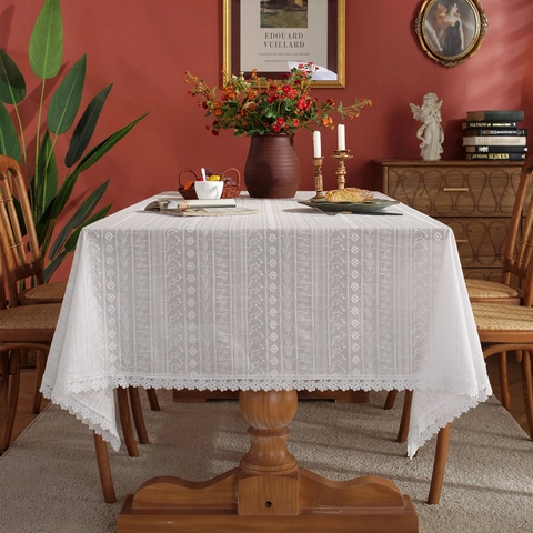 Mantel de Encaje Blanco Vintage Francés Bordado Calado de Algodón Rectangular Cubierta de Mesa para Boda Fiesta Hogar Comedor Decoración