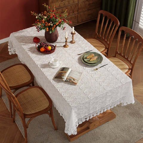 Nappe en Dentelle Française Pur Coton Broderie Florale Rectangle Ajouré Nappe de Table à Manger pour Décoration Mariage Fête