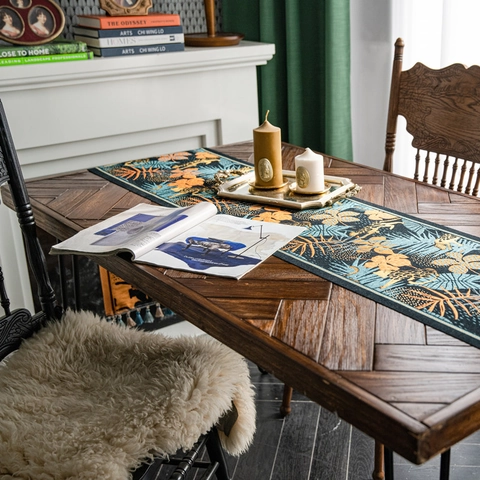 Camino de Mesa Retro Americano Selva Tropical Con Borlas Jacquard Poliéster Estampado Leopardo Plantas Decoración Comedor