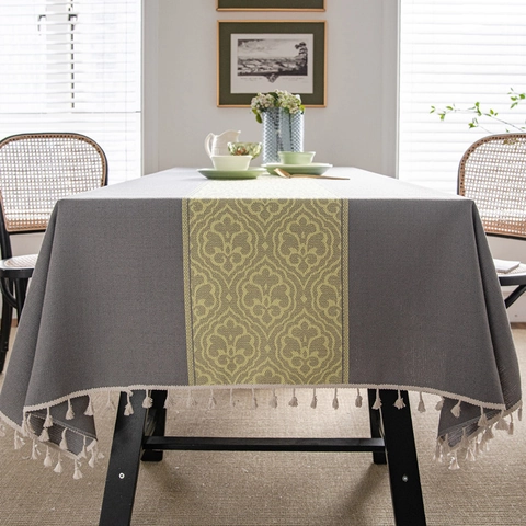 Mantel Jacquard de Poliéster con Borlas Patrón Damasco Bohemio Cubierta de Mesa Rectangular para Comedor Decoración del Hogar