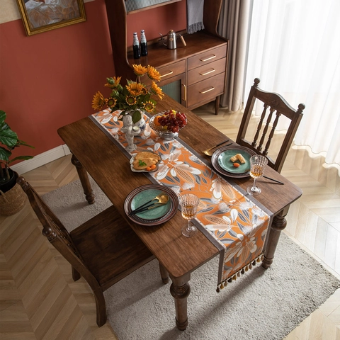 Chemin de Table Vintage Américain Jacquard Ethnique Motif Floral Botanique Glands Polyester Nappe pour Décoration Salle à Manger
