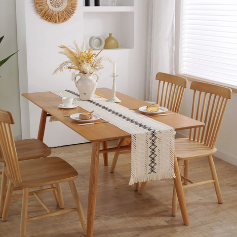 Camino de Mesa de Algodón y Lino Bohemio Diseño Geométrico de Rombos Con Borlas Para Decoración de Mesa de Comedor Rústica Hogar