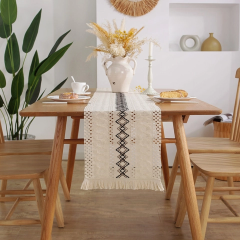 Camino de Mesa de Algodón y Lino Bohemio Diseño Geométrico de Rombos Con Borlas Para Decoración de Mesa de Comedor Rústica Hogar