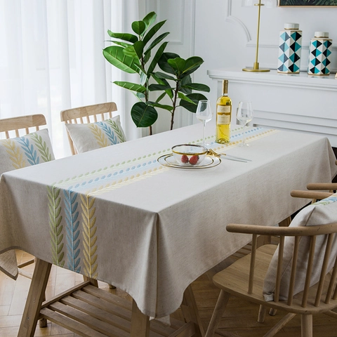 Waterproof Poly Linen Rectangular Tablecloth Embroidery Leaf Pattern Modern Dining Table Cloth Kitchen Home Decor