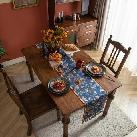 Chemin de Table Vintage Américain en Polyester Motif Forêt Tropicale Jacquard Teint en Fil avec Glands pour Déco Salle à Manger
