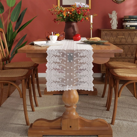 French Romantic White Lace Embroidered Floral Table Runner For Wedding Decoration Elegant Vintage Mesh Hollow Tablecloth Runner