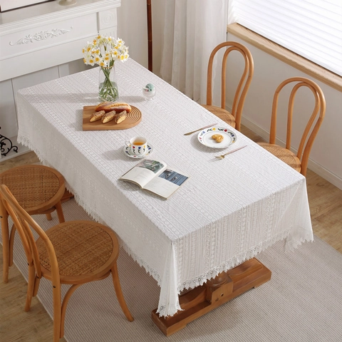 French Vintage Style Cotton White Lace Tablecloth Hollow Out Embroidery Rectangle Table Cover For Wedding Home Decor