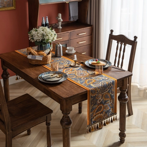 Retro American Jacquard Table Runner With Tassels Polyester Floral Paisley Pattern Bed Runner Home Dining Table Decoration