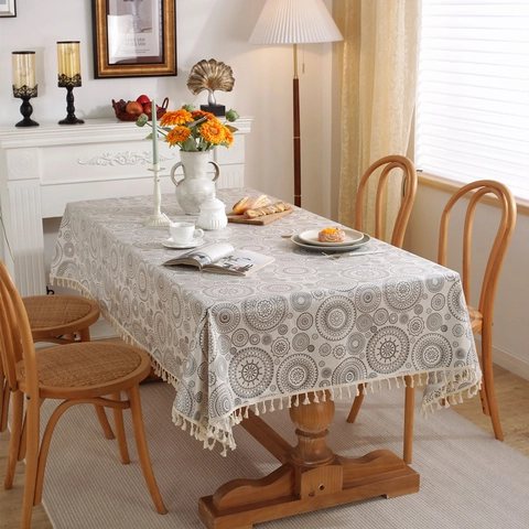 Mantel Rectangular Impermeable y Resistente al Aceite con Estampado de Cactus y Borlas Mezcla de Algodón Decoración de Mesa
