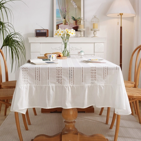 Nappe en Coton Blanc Romantique Française avec Broderie Ajourée et Bord à Volants Couverture de Table Rectangulaire Vintage Décoration Maison