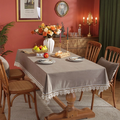 Tovaglia Vintage in Velluto Con Bordo in Pizzo in Filo d'Oro Rettangolare Tinta Unita Copertura Decorativa Per Casa Bar Sala da Pranzo