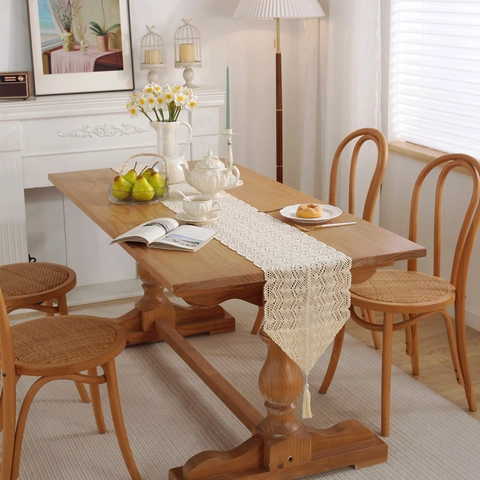Runner da Tavola in Pizzo all'Uncinetto in Cotone Rustico Traforato Beige Motivo Floreale Geometrico Con Nappine per Decorazione Casa Matrimonio