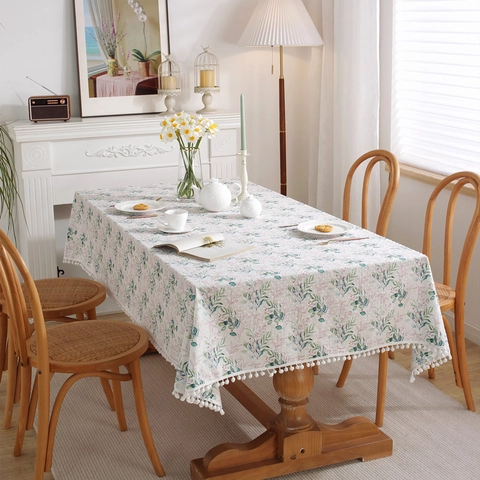 French Style Cotton Printed Floral Leaf Polka Dot Clip Spot Tablecloth With White Pom Pom Rectangular Table Cover Home Decor