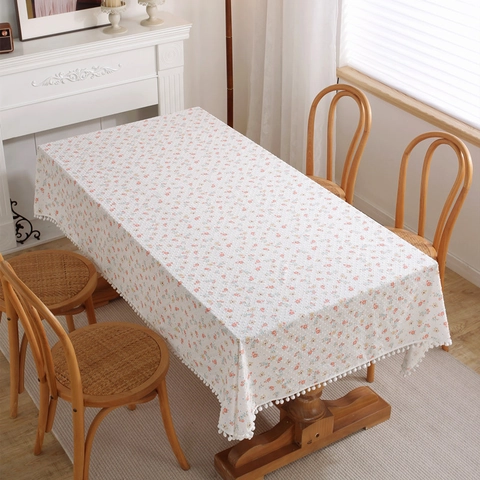 French Style Cotton Printed Floral Leaf Polka Dot Clip Spot Tablecloth With White Pom Pom Rectangular Table Cover Home Decor