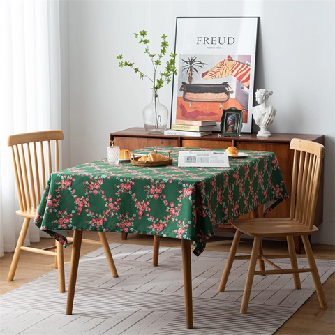 Vintage American Style Polyester Rectangular Tablecloth Botanical Floral Rose Fern Banana Leaf Print Decorative Table Cover
