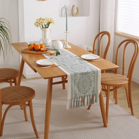 Nordic Jacquard Polyester Table Runner With Handmade Tassels Geometric Rhombus Elk Striped Decorative Tablecloth Home Decor