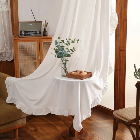French Style Ruffle Edged Washed Cotton Window Curtains For Living Room Bedroom Vintage Solid Color Light Filtering Drapes