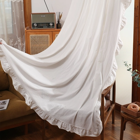 French Style Ruffle Edged Washed Cotton Window Curtains For Living Room Bedroom Vintage Solid Color Light Filtering Drapes